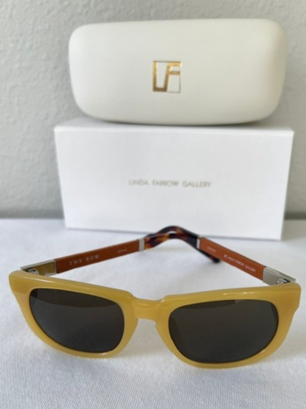 The Row x Linda Farrow Sunglasses Gold Acetate with Terracott Leather Sunglasses